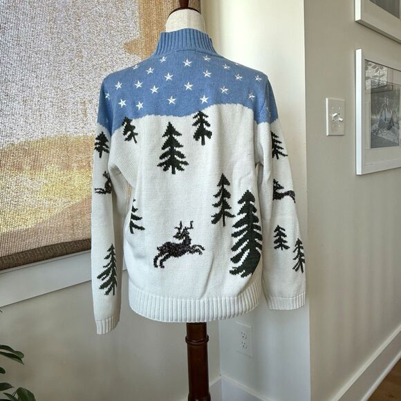 Appleseeds Christmas Sweater Womens Large Blue White Reindeer Embroidered Stars - Picture 3 of 7